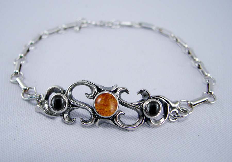 Sterling Silver Filigree Bracelet With Amber And Hematite